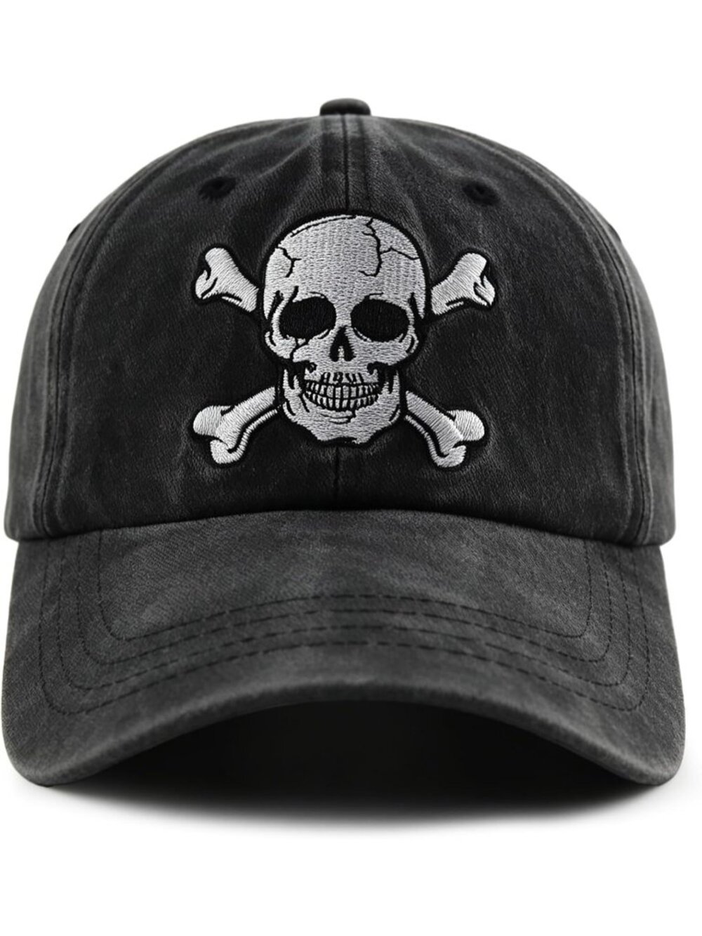 Unisax Black Washed Denim Cotton Embroidered Skeleton Crossbones Baseball Cap